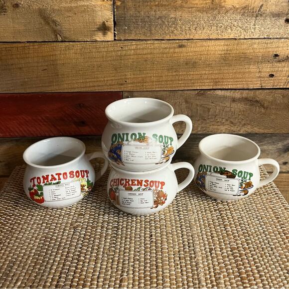 Set Of 4 Soup Cups (2 Onion, Tomato, and‎ Chicken Soup) - Picture 1 of 12